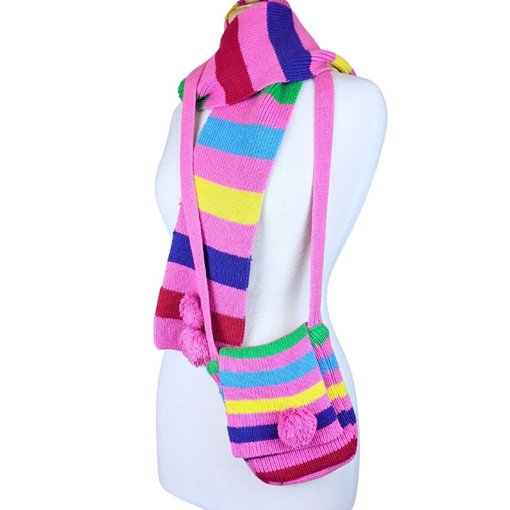 Colourful Winter Pompom Set of 2 Knitted Messenger bag and scarf